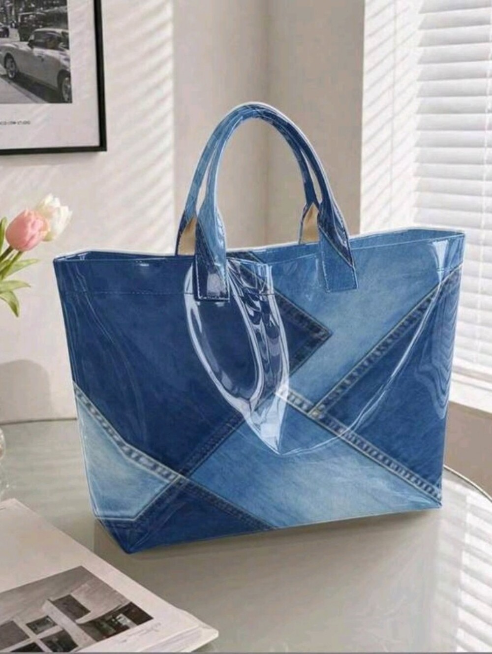 Women Denim Glossy Print PVC Tote Hand Bag Large